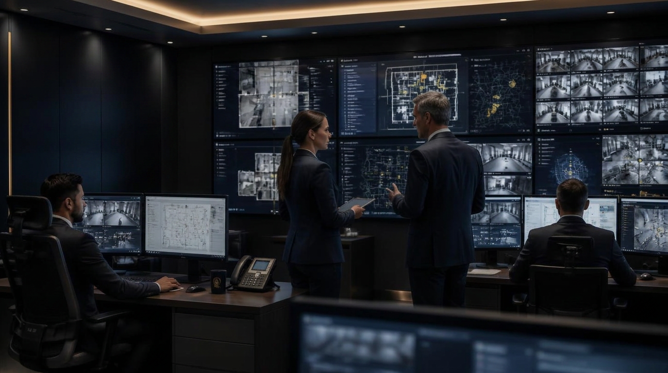 Corporate security operations centre with ORG branded monitoring wall and professionals reviewing CCTV and incident data