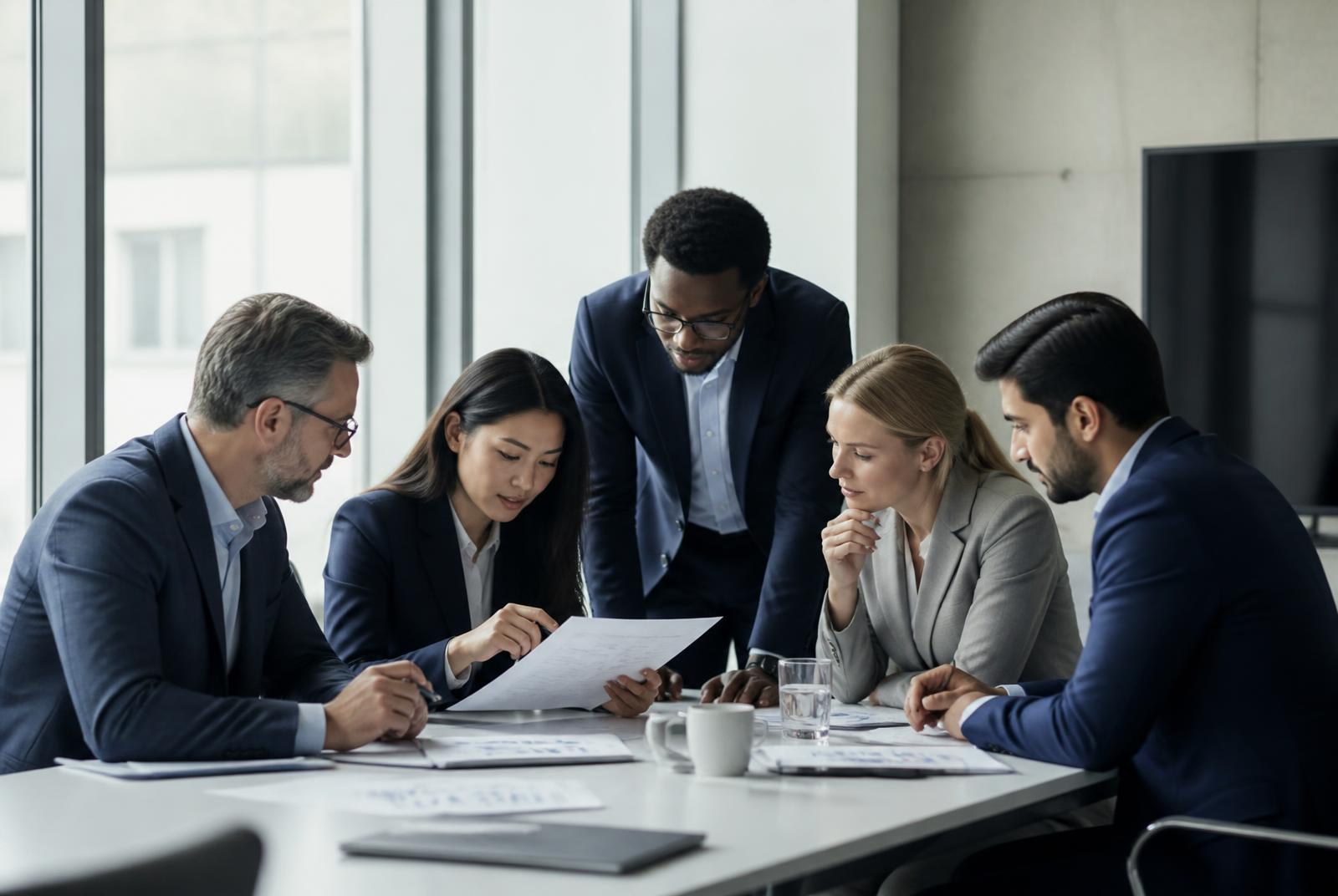 Advisory team reviewing risk documentation in a boardroom