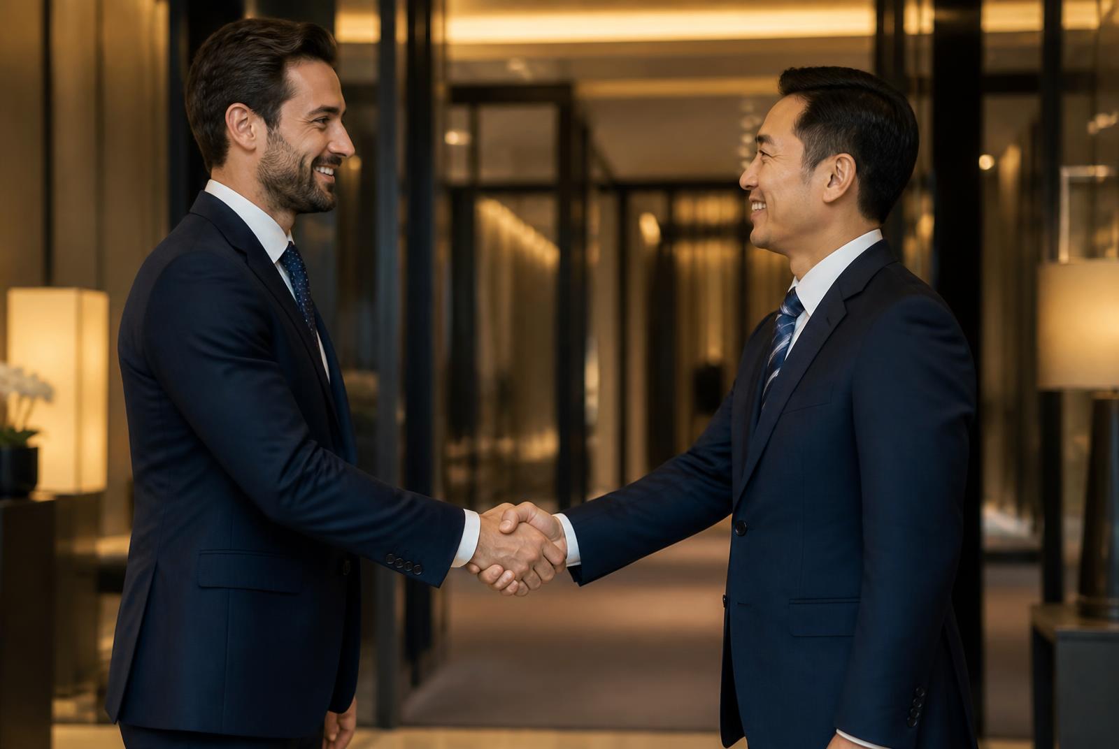Two professionals meeting in a corporate office