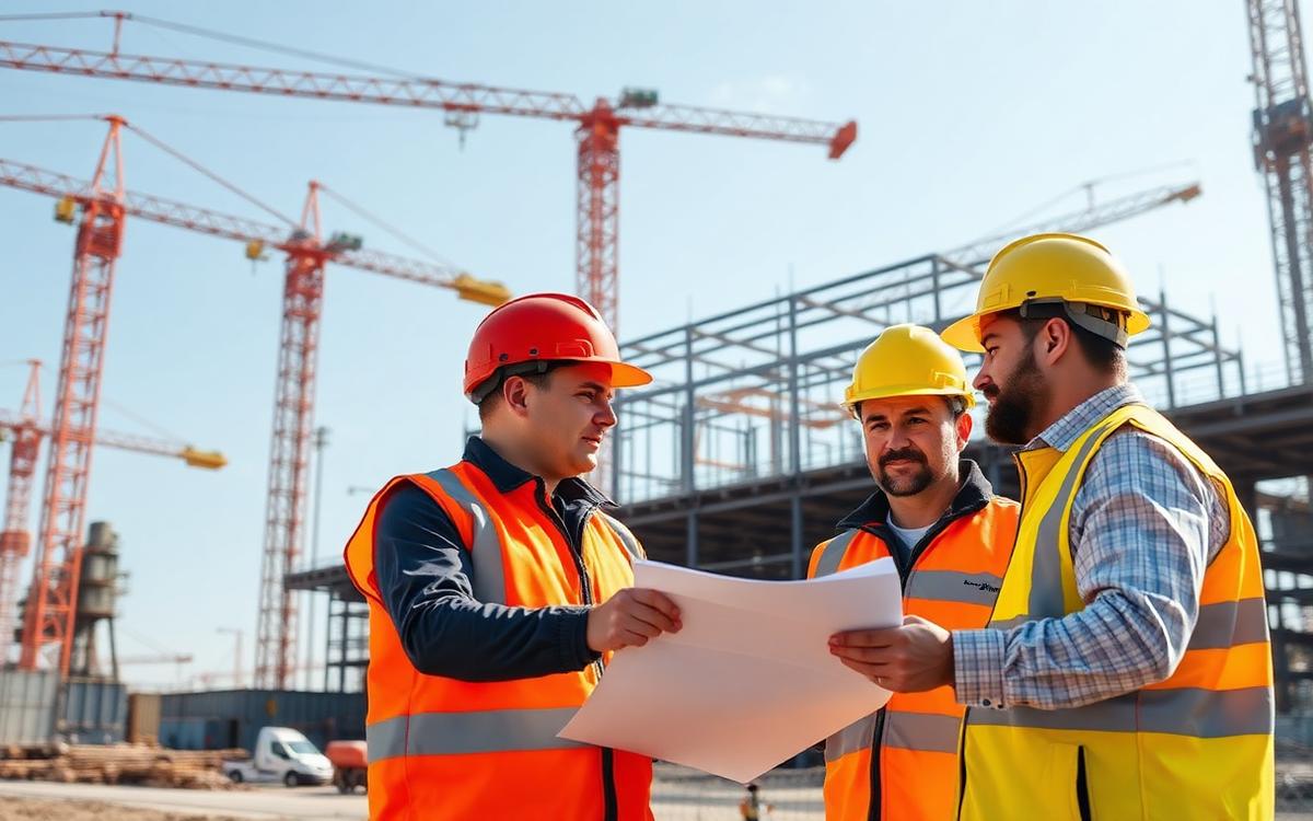 Construction site with tower cranes and workers in protective equipment