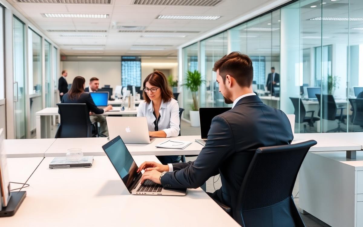 Consultants working in a bright open-plan professional services office