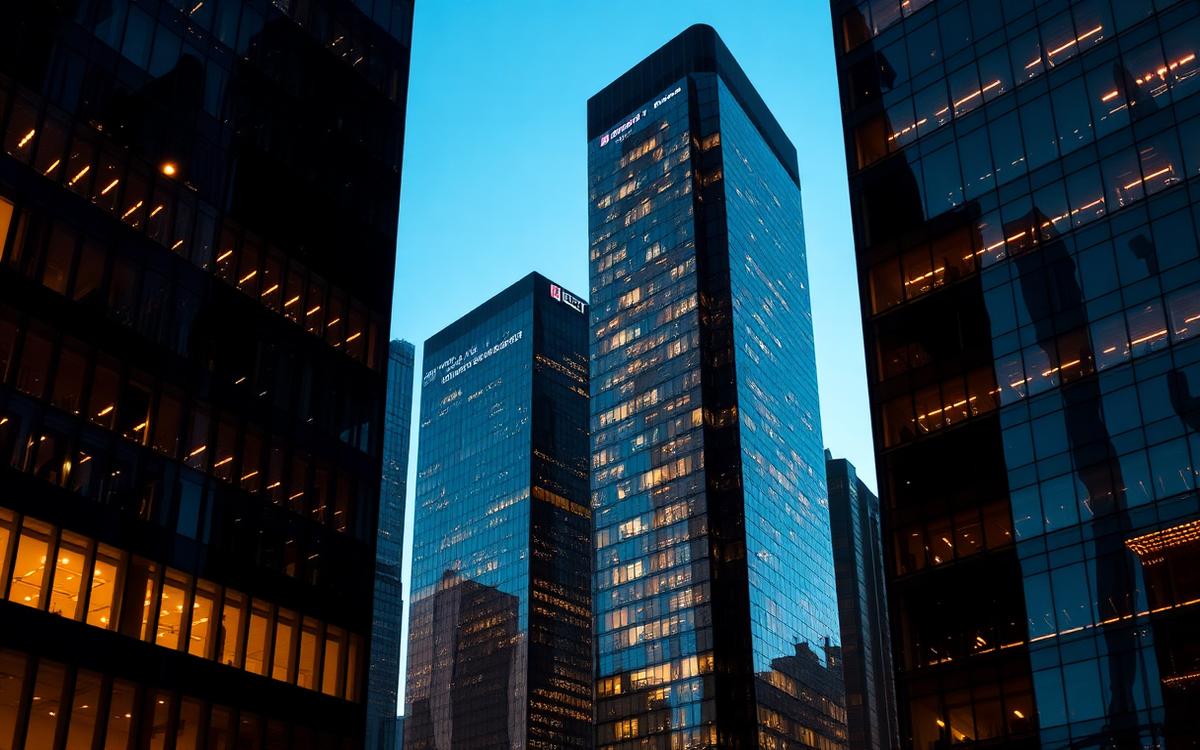 Financial district office towers reflecting daylight