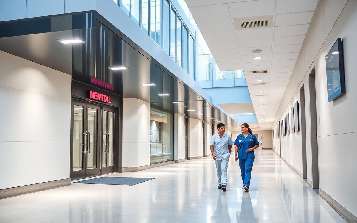 Hospital corridor with clinical staff on duty