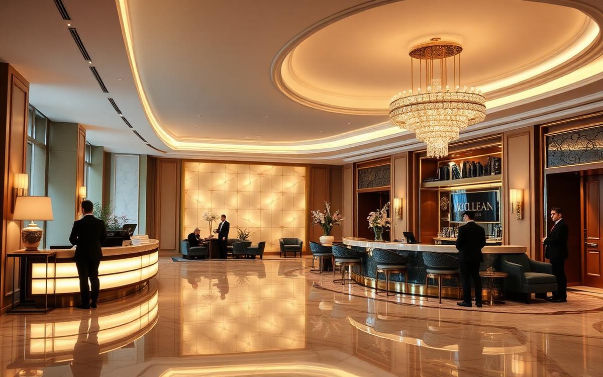 Hotel lobby with guests and front-of-house staff
