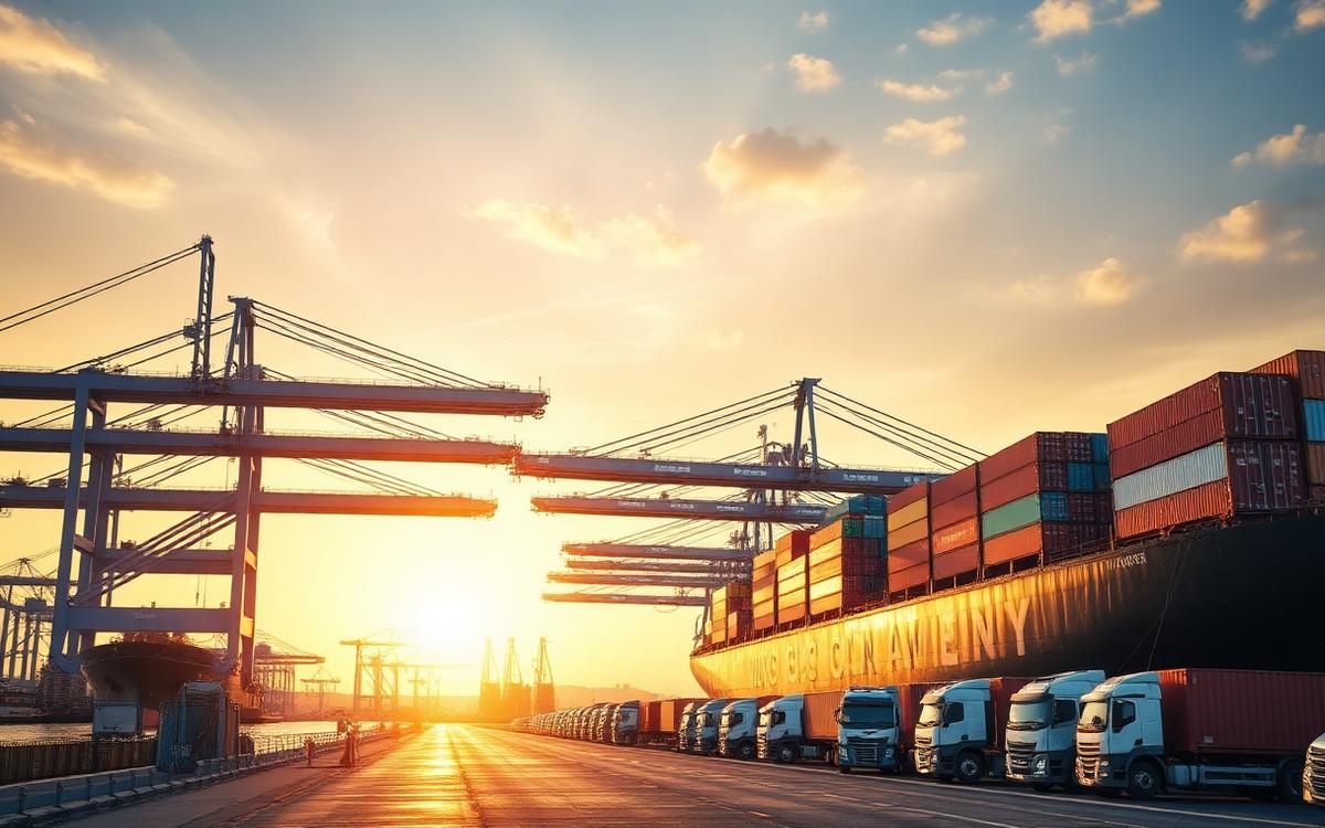 Freight trucks and container handling at a logistics terminal
