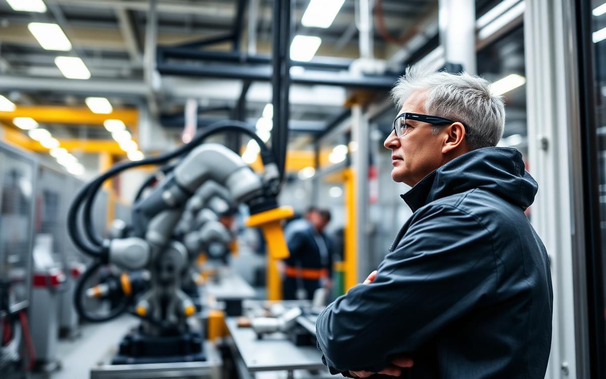 Modern manufacturing plant production line with technicians