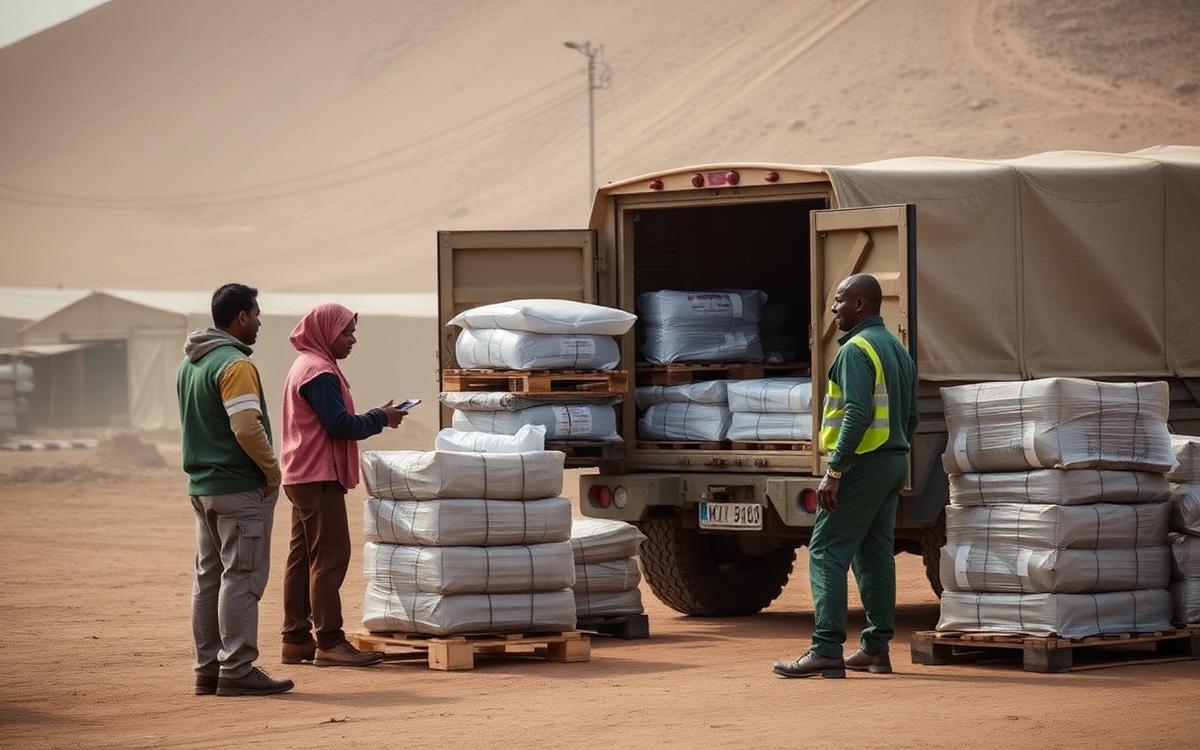 Humanitarian relief workers coordinating aid supplies in a field compound
