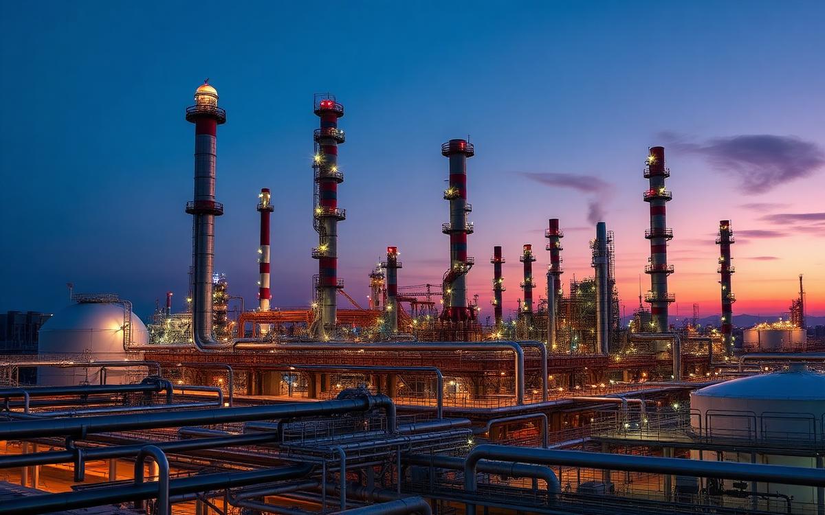 Oil and gas refinery processing plant with pipework at dusk