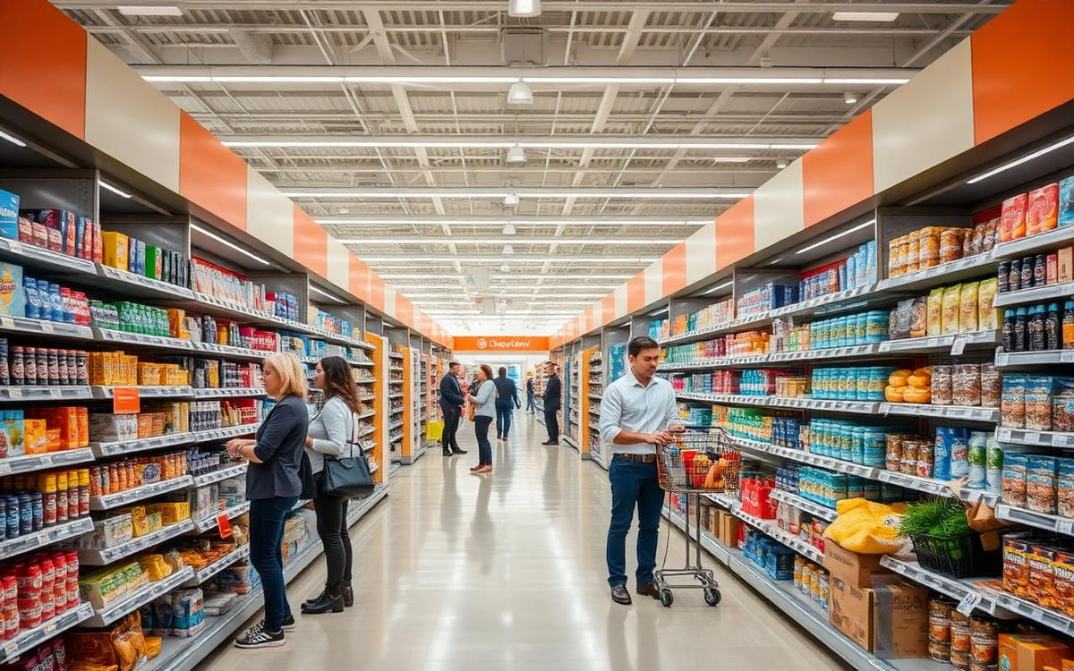 Retail store interior with shoppers and staff on the floor