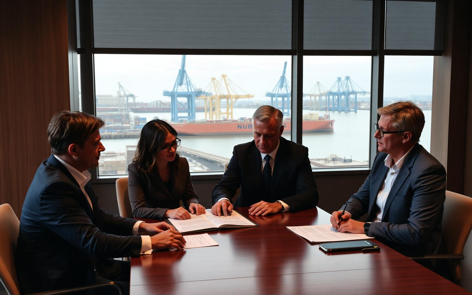 Business advisers reviewing insurance and surety documentation with a cargo port beyond the window