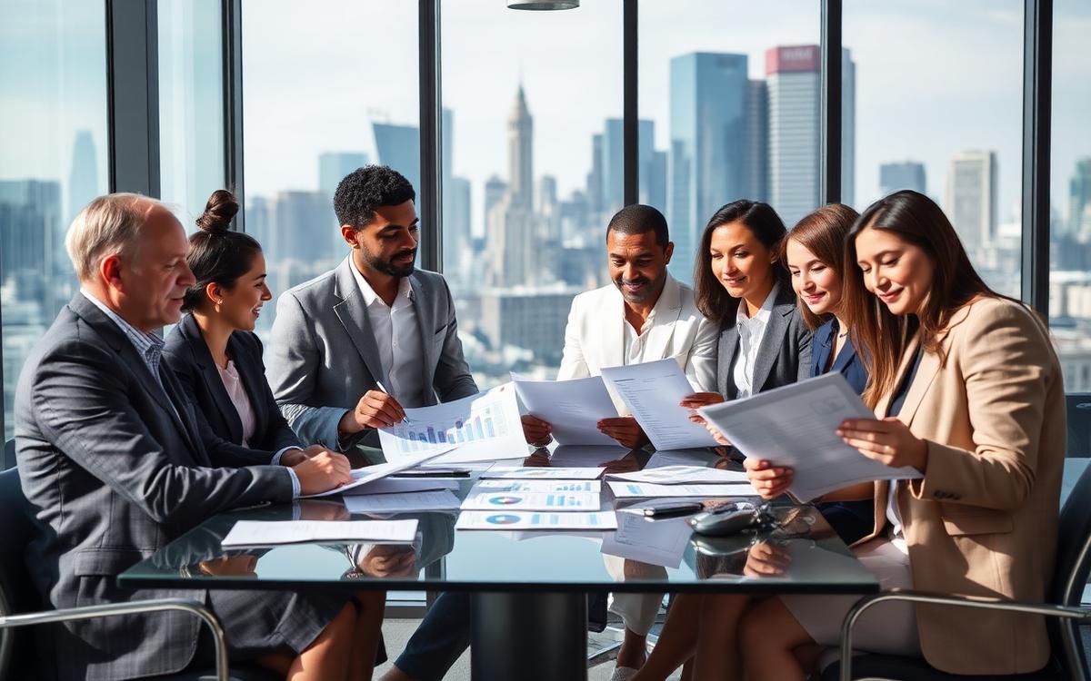 Executive team analysing business performance data in a glass boardroom
