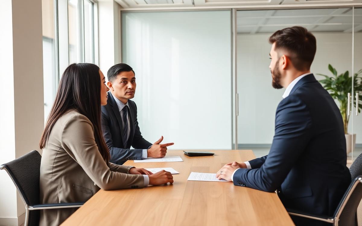 HR professionals interviewing a candidate in a modern office