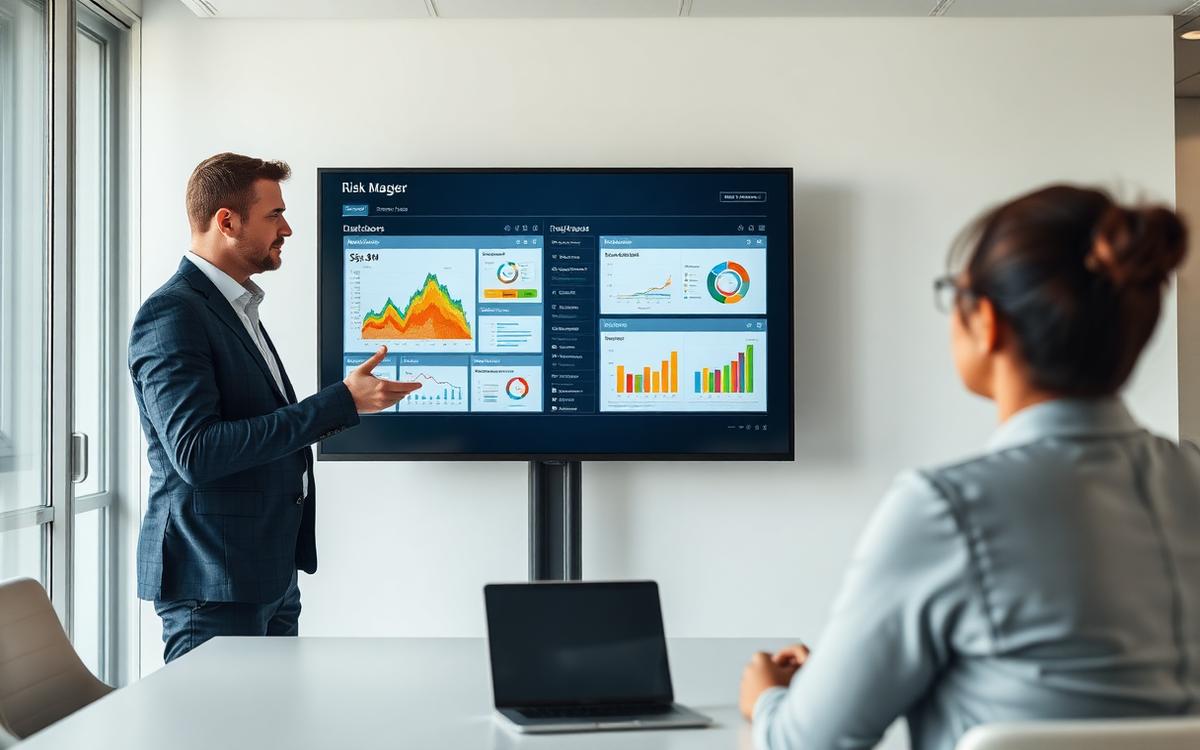 Risk manager presenting a risk heat map and dashboards to colleagues in a meeting room