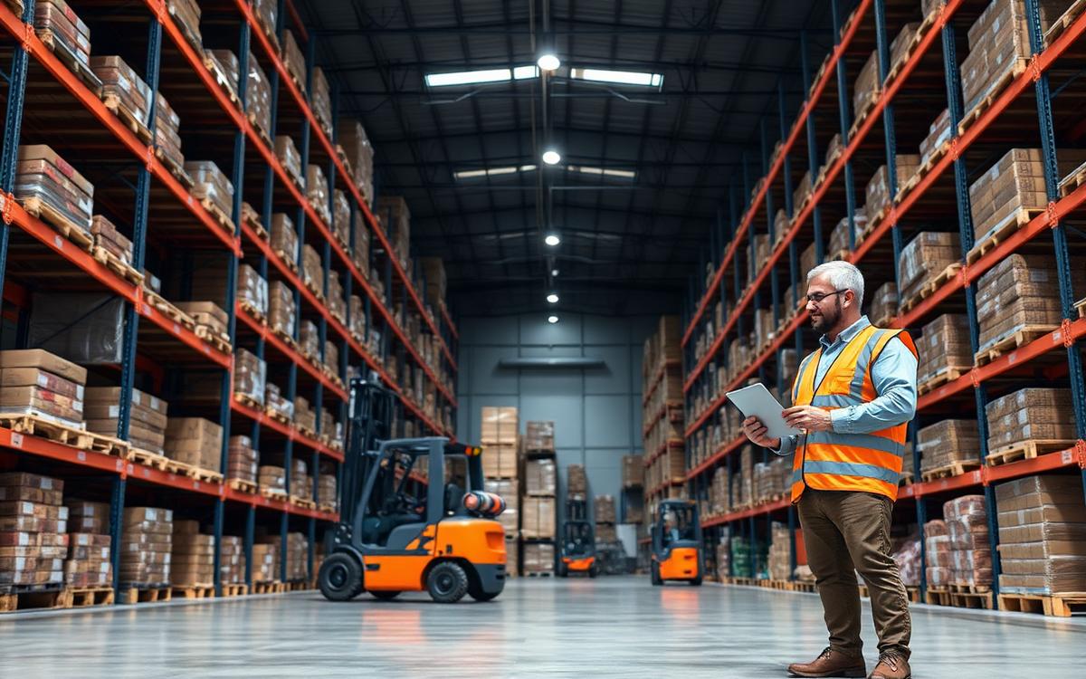 Distribution warehouse with racked pallets and forklift operations